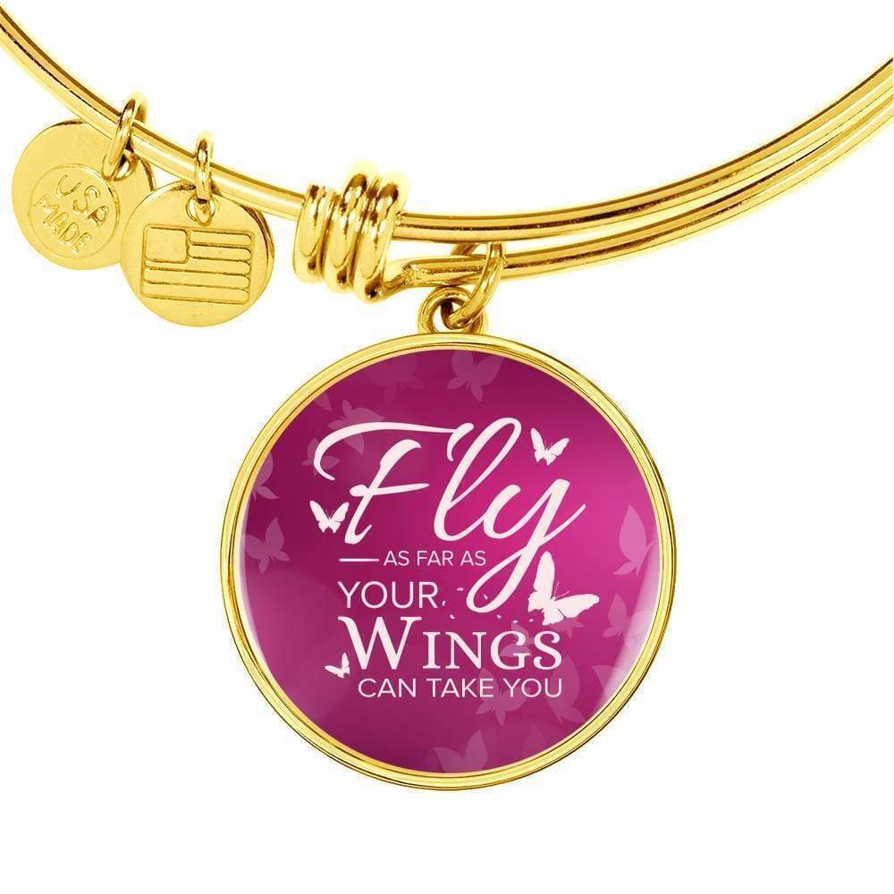 Fly As Far As Your Wings Can Take You Pink Personalized Engraved Gold Circle Ba